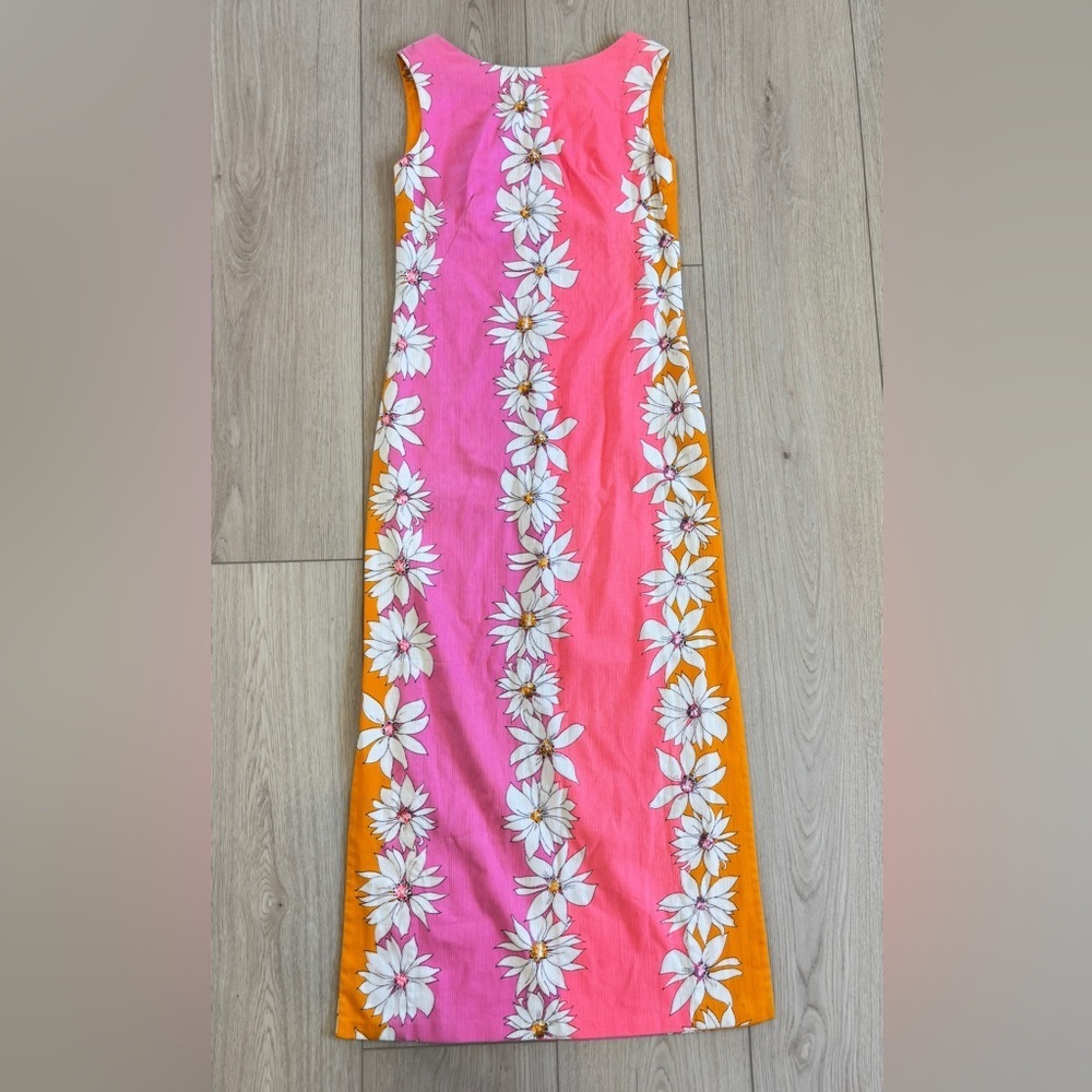 Vintage Hawaiian Homemade Barkcloth Floral Pink Orange Maxi Sheath Column Dress